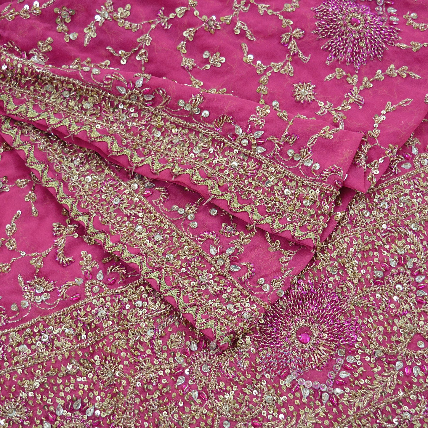 Indian Vintage Heavy Bridal Pink Dupatta Pure Georgette Silk Long Stole Hand Embroidered Scarf Zardozi/Dabka Wedding red Hijab veil Boho