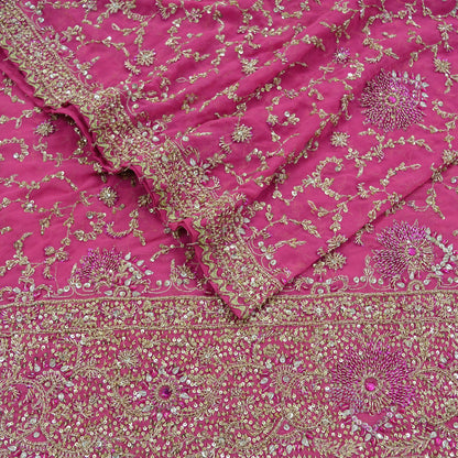 Indian Vintage Heavy Bridal Pink Dupatta Pure Georgette Silk Long Stole Hand Embroidered Scarf Zardozi/Dabka Wedding red Hijab veil Boho