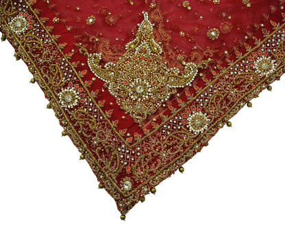 Indian Vintage Heavy Bridal Red Dupatta Net Mesh Long Stole Hand Embroidered Scarves Golden Zardozi Dabka Zari Sequins Wedding Veil Hijab