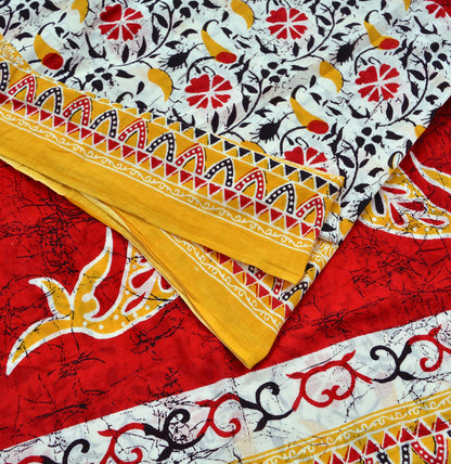 Indian Vintage Sari White & Red Printed 100% Pure Cotton Sarees Craft Fabric Soft 5Yd Sewing Sarong Wrap Boho Floral Quilting Crafting