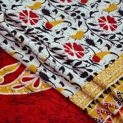 Indian Vintage Sari White & Red Printed 100% Pure Cotton Sarees Craft Fabric Soft 5Yd Sewing Sarong Wrap Boho Floral Quilting Crafting