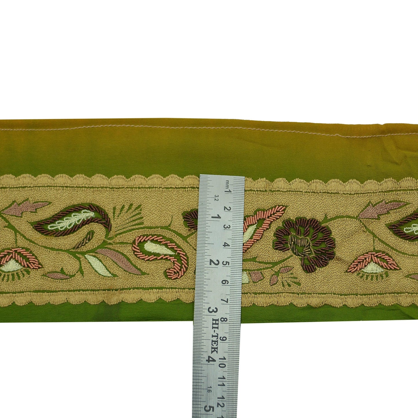 Indian Vintage Green Sari Border Hand Embroidered Indian Craft Trim Lace Sewing Sari Ribbon Pure Crepe silk  Zardozi/Dabka Zari