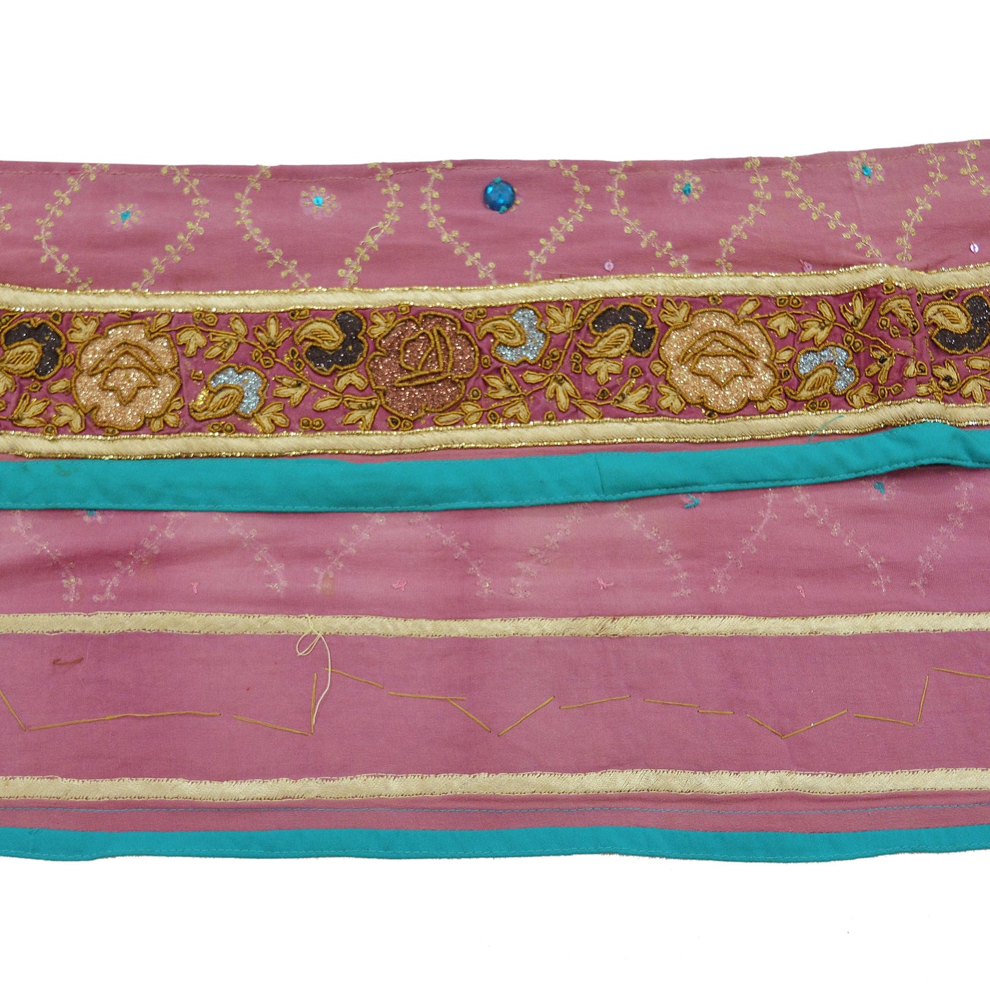 Indian Vintage Pink & Blue Sari Border Hand Embroidered Indian Craft Trim Lace Sewing Sari Ribbon Pure Crepe silk  Zardozi/Dabka Zari