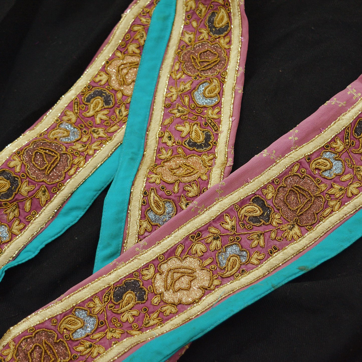 Indian Vintage Pink & Blue Sari Border Hand Embroidered Indian Craft Trim Lace Sewing Sari Ribbon Pure Crepe silk  Zardozi/Dabka Zari