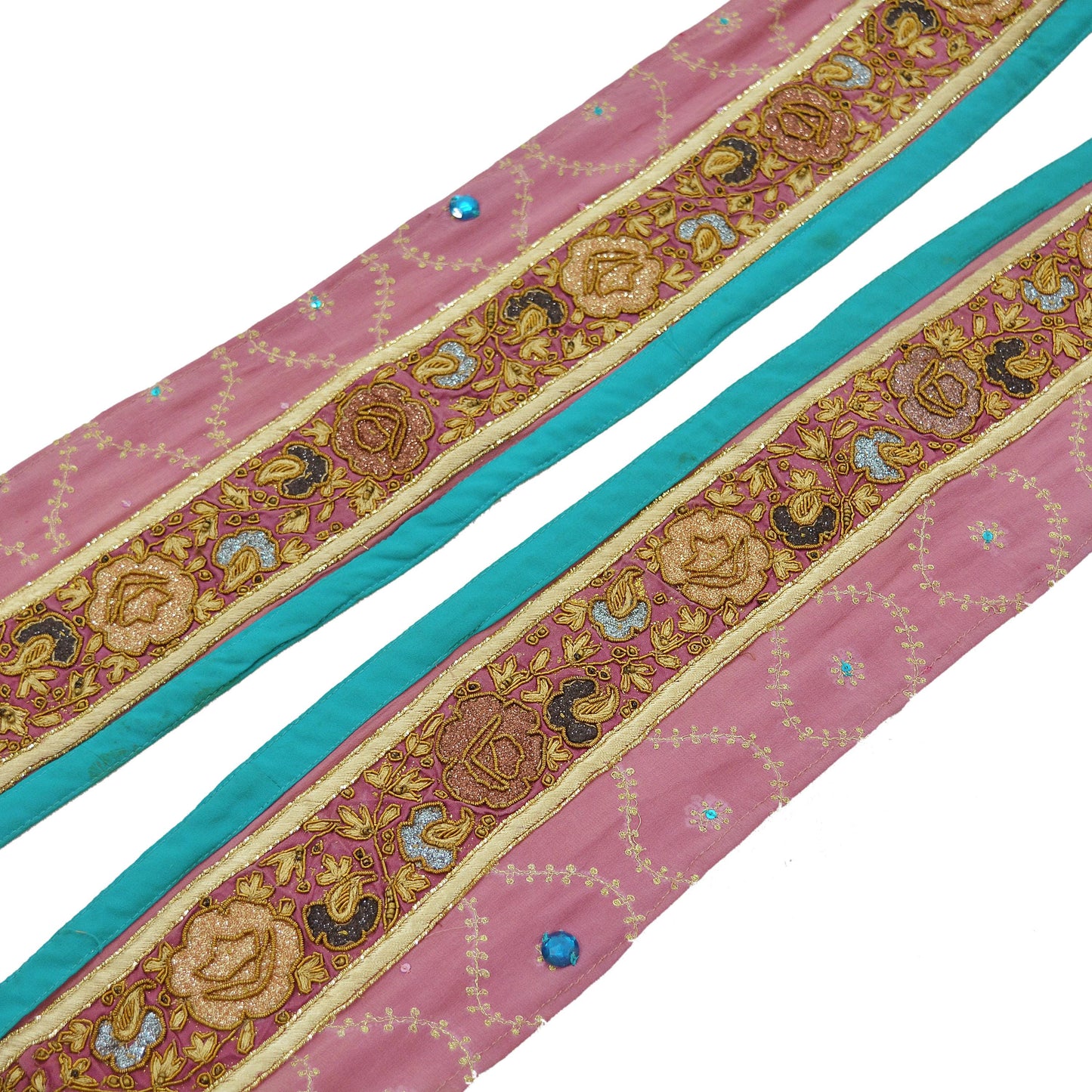 Indian Vintage Pink & Blue Sari Border Hand Embroidered Indian Craft Trim Lace Sewing Sari Ribbon Pure Crepe silk  Zardozi/Dabka Zari