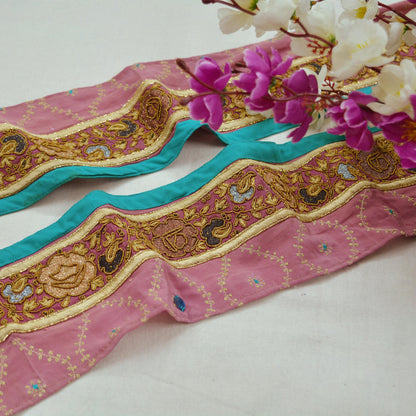 Indian Vintage Pink & Blue Sari Border Hand Embroidered Indian Craft Trim Lace Sewing Sari Ribbon Pure Crepe silk  Zardozi/Dabka Zari