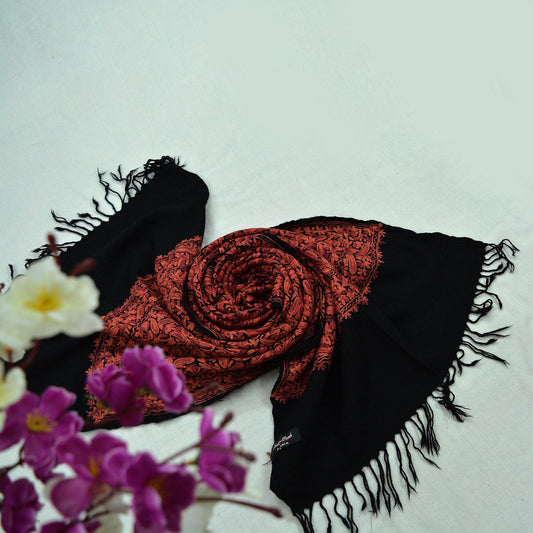 Indian Vintage Black Pure Woolen Shawl Handmade Ari work Long Throw Stole Warm Floral Design Upcycle Crafting Used For her Soft Cozy