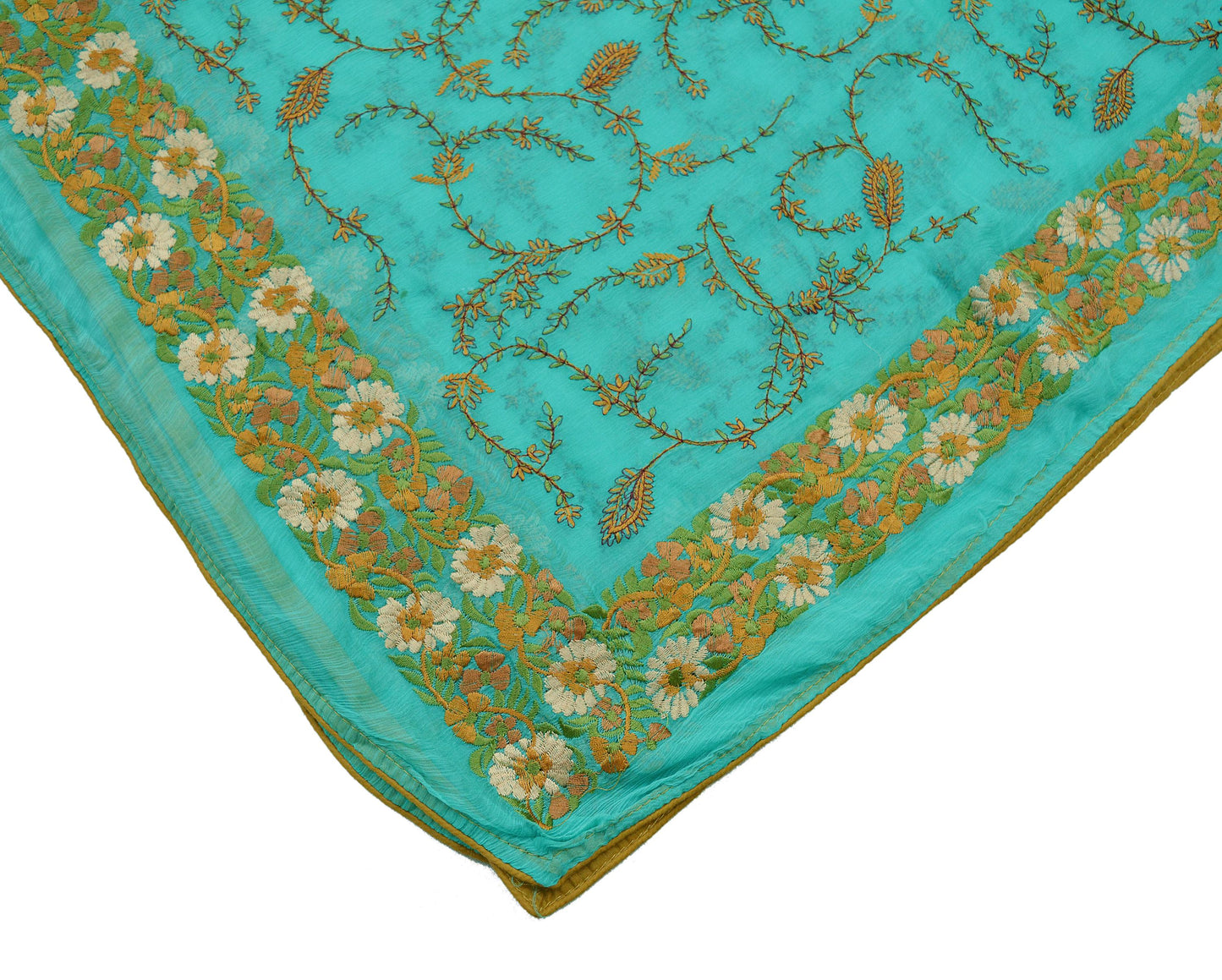 Indian Vintage Green Dupatta Blend Chiffon Long Stole Embroidered Scarves Floral Design Stole Veil Wrap