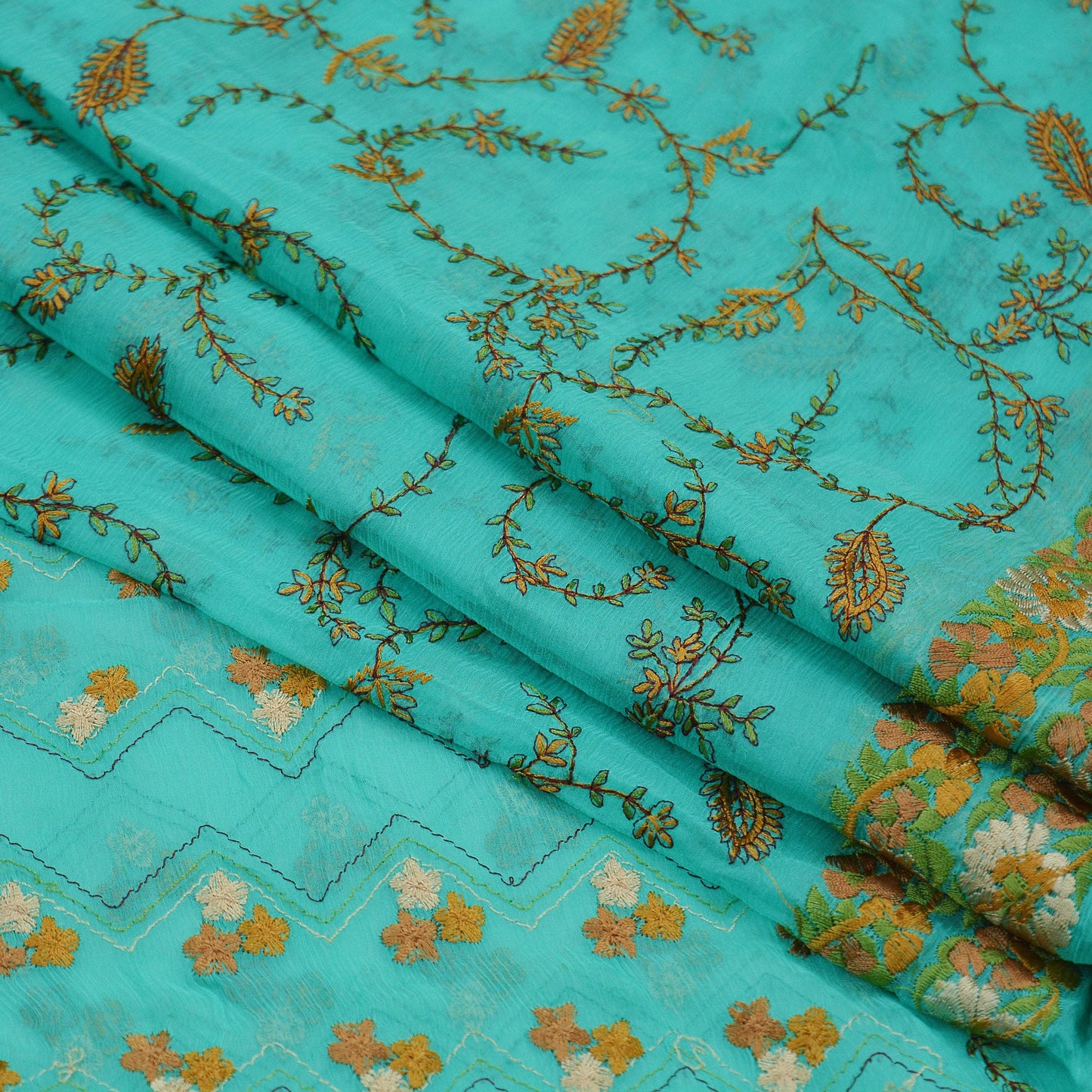 Indian Vintage Green Dupatta Blend Chiffon Long Stole Embroidered Scarves Floral Design Stole Veil Wrap