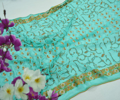 Indian Vintage Green Dupatta Blend Chiffon Long Stole Embroidered Scarves Floral Design Stole Veil Wrap