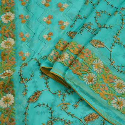 Indian Vintage Green Dupatta Blend Chiffon Long Stole Embroidered Scarves Floral Design Stole Veil Wrap