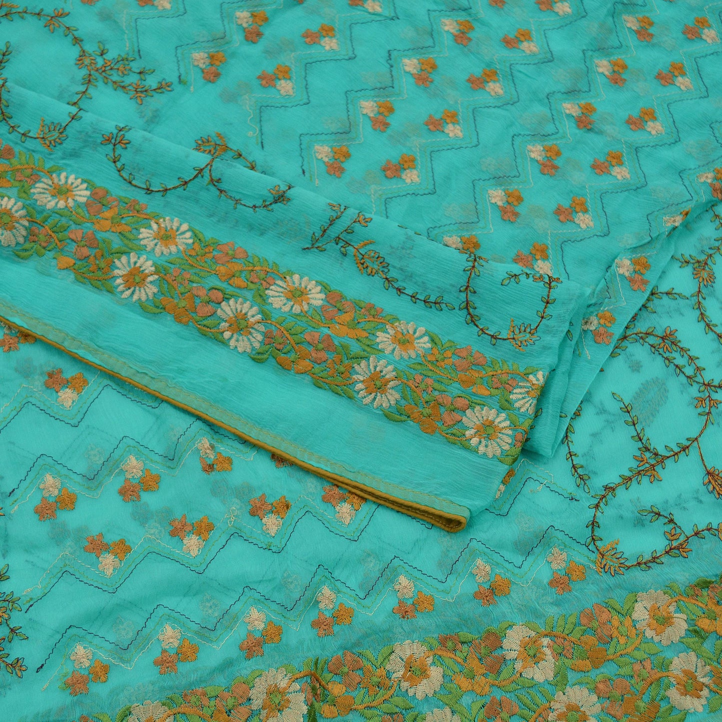 Indian Vintage Green Dupatta Blend Chiffon Long Stole Embroidered Scarves Floral Design Stole Veil Wrap