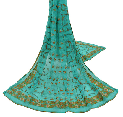 Indian Vintage Green Dupatta Blend Chiffon Long Stole Embroidered Scarves Floral Design Stole Veil Wrap