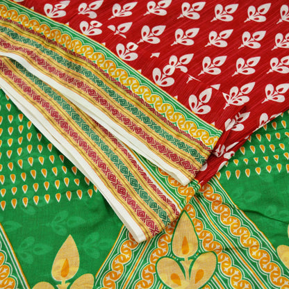 Indian Vintage Sari Green & Red Printed Pure Cotton Saree Craft Fabric 5Yd Sewing Sarong Wrap Boho Floral Crafting Upcycle Quilting Used