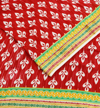 Indian Vintage Sari Green & Red Printed Pure Cotton Saree Craft Fabric 5Yd Sewing Sarong Wrap Boho Floral Crafting Upcycle Quilting Used