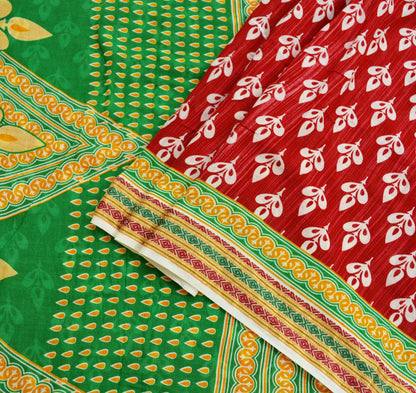 Indian Vintage Sari Green & Red Printed Pure Cotton Saree Craft Fabric 5Yd Sewing Sarong Wrap Boho Floral Crafting Upcycle Quilting Used