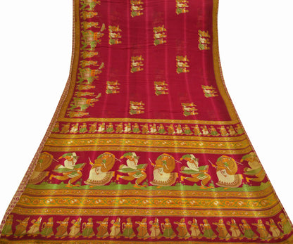 Indian Vintage Saffron & Red Saree Printed Lady Pure Cotton Sari Craft Fabric Soft 5Yd Sewing Sarong Wrap Boho Floral Quilting Crafting