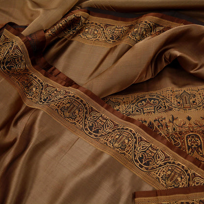 Indian Vintage Sari Brown Heavy Wedding Pure Satin Silk Woven Brocade Tanchoi Sarees Golden Zari 5Yd Dress Making Crafting Quilting