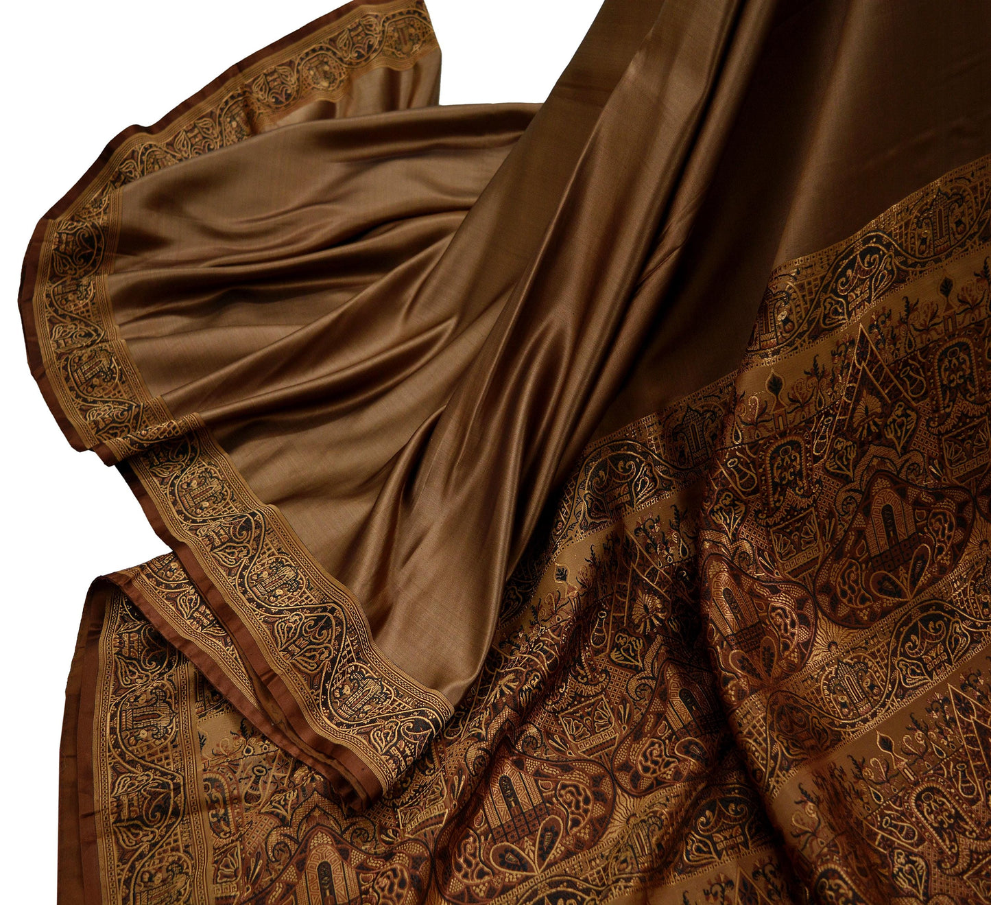 Indian Vintage Sari Brown Heavy Wedding Pure Satin Silk Woven Brocade Tanchoi Sarees Golden Zari 5Yd Dress Making Crafting Quilting