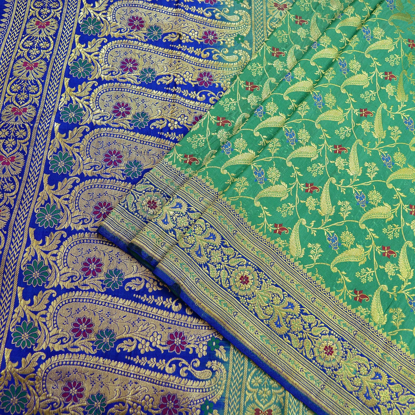 Vintage Sari Royal Blue & Green Heavy Pure Satin Silk Woven Banarasi Brocade Saree Golden Zari 5Yd Dress making Bridal/wedding Sari Crafting