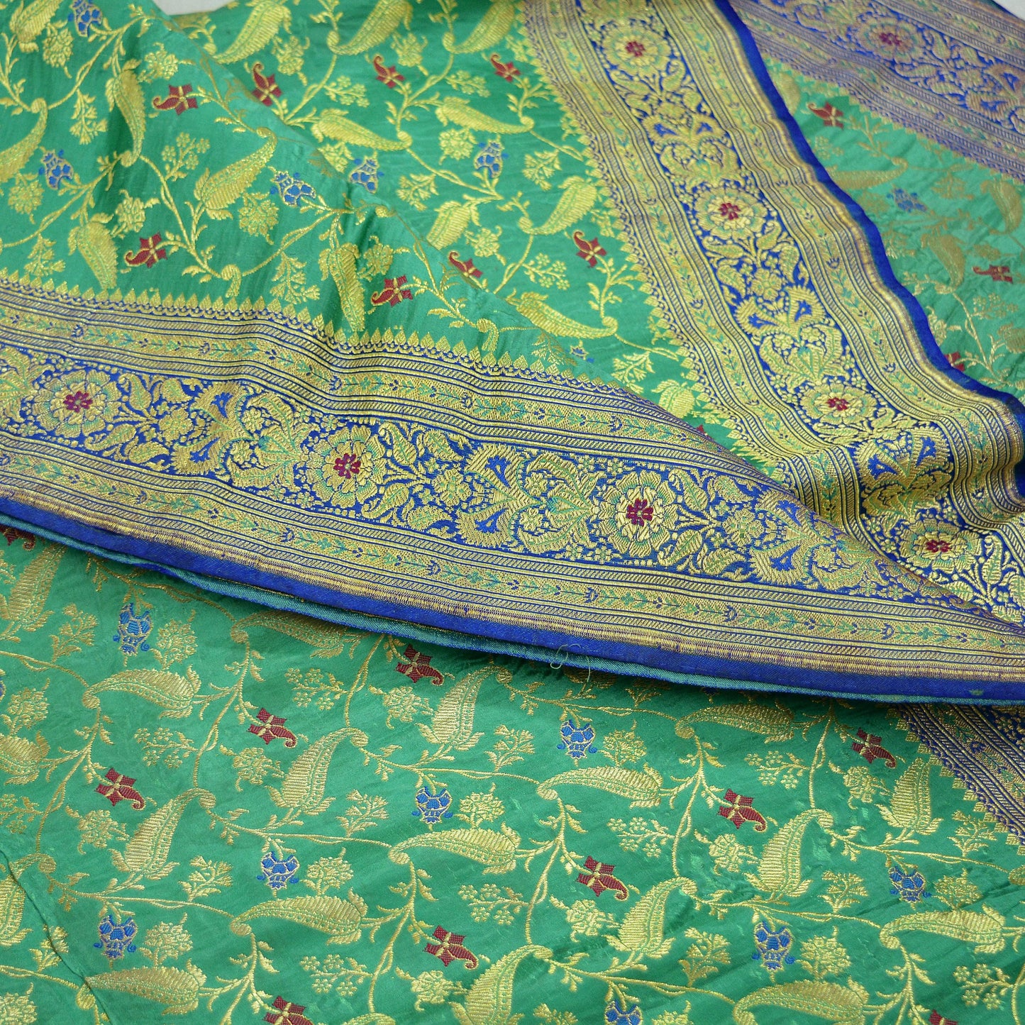 Vintage Sari Royal Blue & Green Heavy Pure Satin Silk Woven Banarasi Brocade Saree Golden Zari 5Yd Dress making Bridal/wedding Sari Crafting