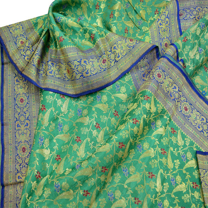 Vintage Sari Royal Blue & Green Heavy Pure Satin Silk Woven Banarasi Brocade Saree Golden Zari 5Yd Dress making Bridal/wedding Sari Crafting