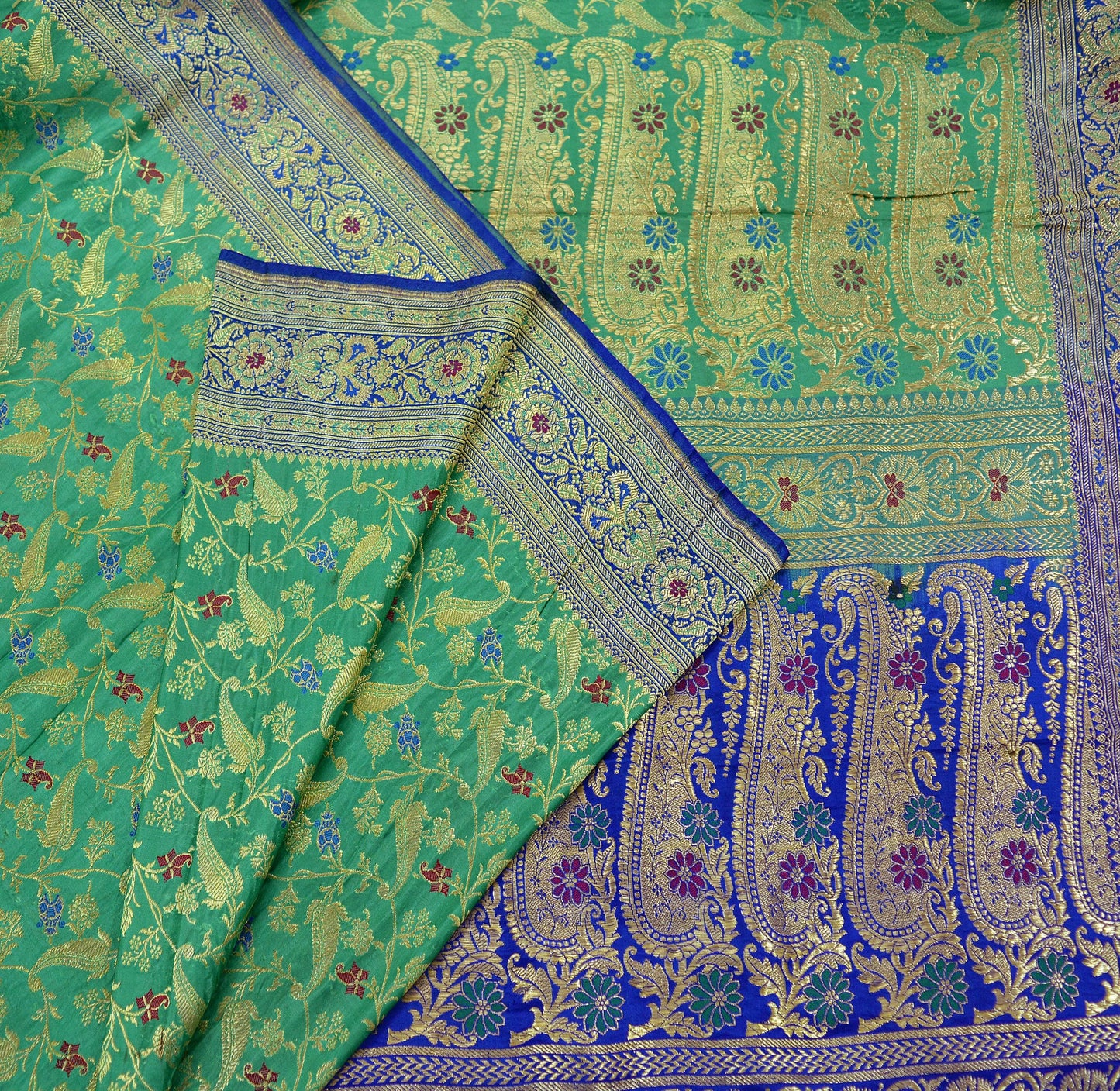 Vintage Sari Royal Blue & Green Heavy Pure Satin Silk Woven Banarasi Brocade Saree Golden Zari 5Yd Dress making Bridal/wedding Sari Crafting