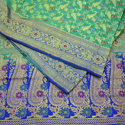 Vintage Sari Royal Blue & Green Heavy Pure Satin Silk Woven Banarasi Brocade Saree Golden Zari 5Yd Dress making Bridal/wedding Sari Crafting