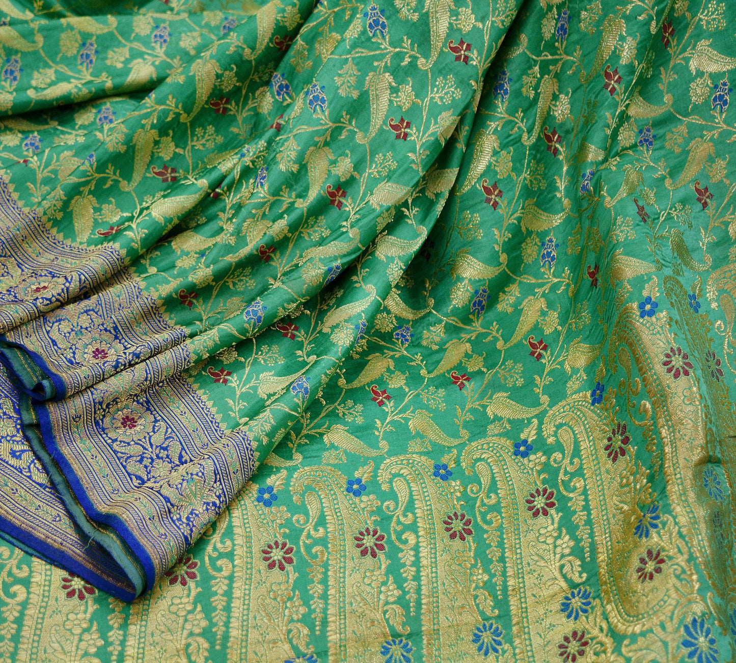 Vintage Sari Royal Blue & Green Heavy Pure Satin Silk Woven Banarasi Brocade Saree Golden Zari 5Yd Dress making Bridal/wedding Sari Crafting