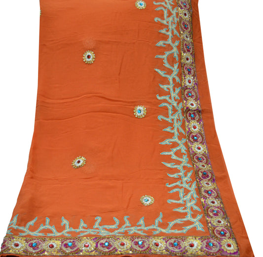 Indian Vintage Heavy Orange Dupatta Pure Georgette Silk Long Stole Hand Embroidered Scarf Zari Zardozi Bridal/ Wedding Veil Hijab