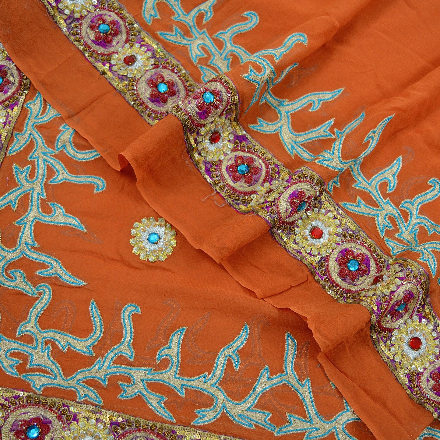 Indian Vintage Heavy Orange Dupatta Pure Georgette Silk Long Stole Hand Embroidered Scarf Zari Zardozi Bridal/ Wedding Veil Hijab