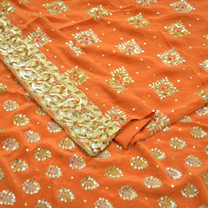 Indian Vintage Orange Saree Pure Crepe Silk Hand Embroidered Sari Craft Fabric 5Yd Sewing Soft Zardozi/Dabka Sequins Wedding/Bridal Sarees