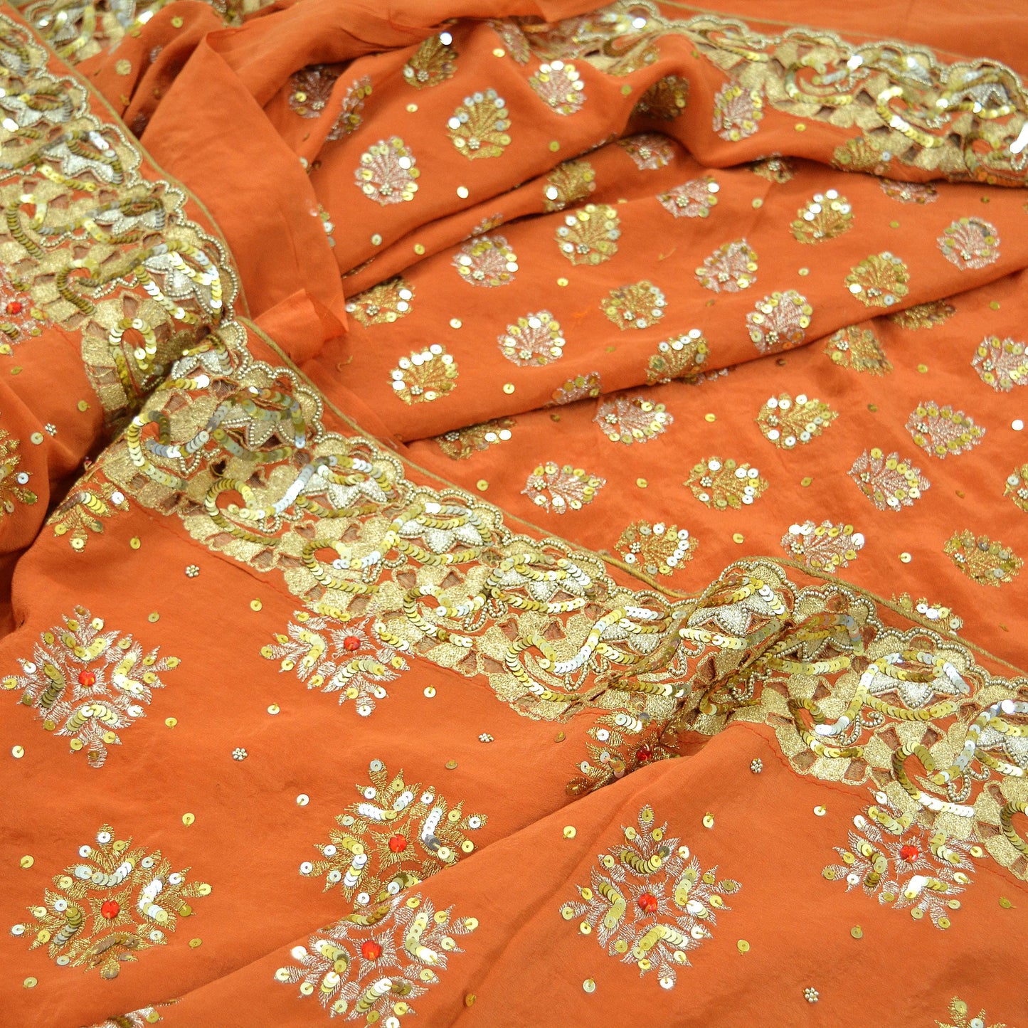 Indian Vintage Orange Saree Pure Crepe Silk Hand Embroidered Sari Craft Fabric 5Yd Sewing Soft Zardozi/Dabka Sequins Wedding/Bridal Sarees