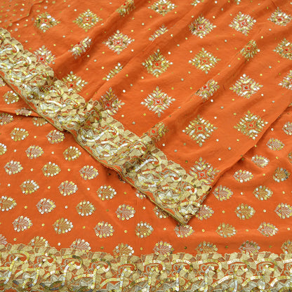 Indian Vintage Orange Saree Pure Crepe Silk Hand Embroidered Sari Craft Fabric 5Yd Sewing Soft Zardozi/Dabka Sequins Wedding/Bridal Sarees