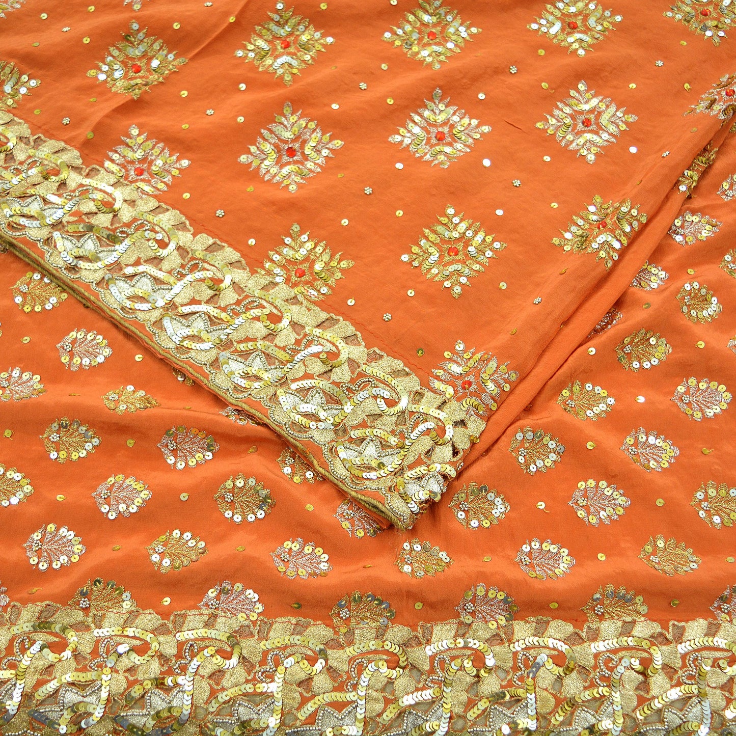 Indian Vintage Orange Saree Pure Crepe Silk Hand Embroidered Sari Craft Fabric 5Yd Sewing Soft Zardozi/Dabka Sequins Wedding/Bridal Sarees