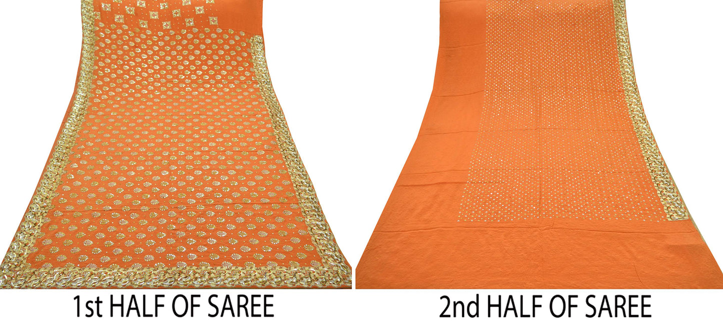 Indian Vintage Orange Saree Pure Crepe Silk Hand Embroidered Sari Craft Fabric 5Yd Sewing Soft Zardozi/Dabka Sequins Wedding/Bridal Sarees