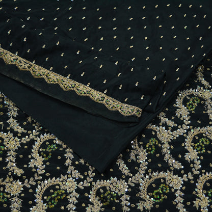 Indian Vintage Black Saree Crepe Hand Embroidered Sari Craft Fabric 5Yd Ethnic Sewing Soft Zardozi/Dabka Wedding Sarees