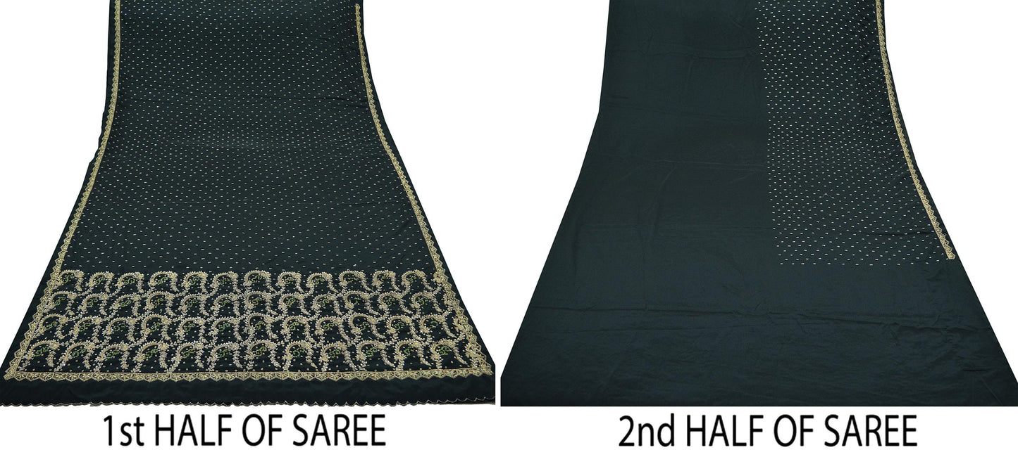 Indian Vintage Black Saree Crepe Hand Embroidered Sari Craft Fabric 5Yd Ethnic Sewing Soft Zardozi/Dabka Wedding Sarees