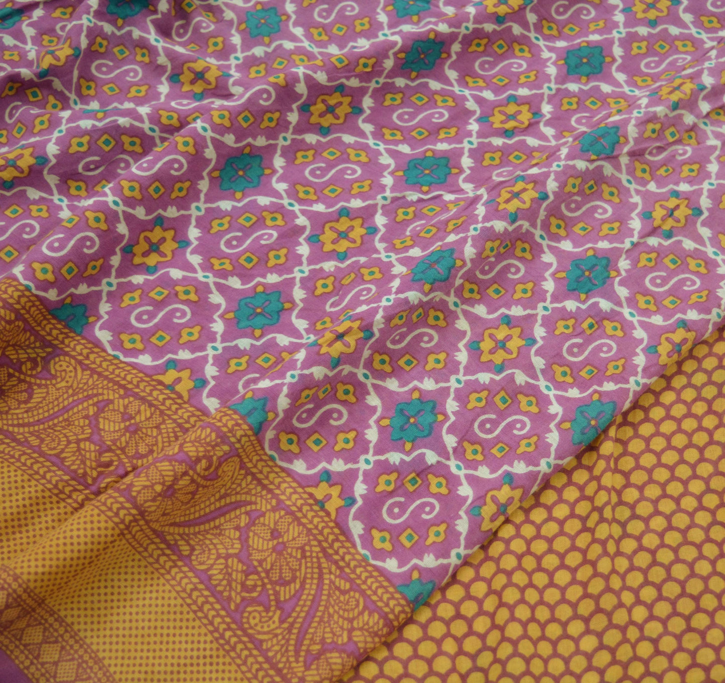 Indian Vintage Sari Beige & Purple Pure Cotton Printed Sarees Craft Fabric Soft 5Yd Sarong Wrap Boho Fabric Kimono Quilting Crafting Upcycle