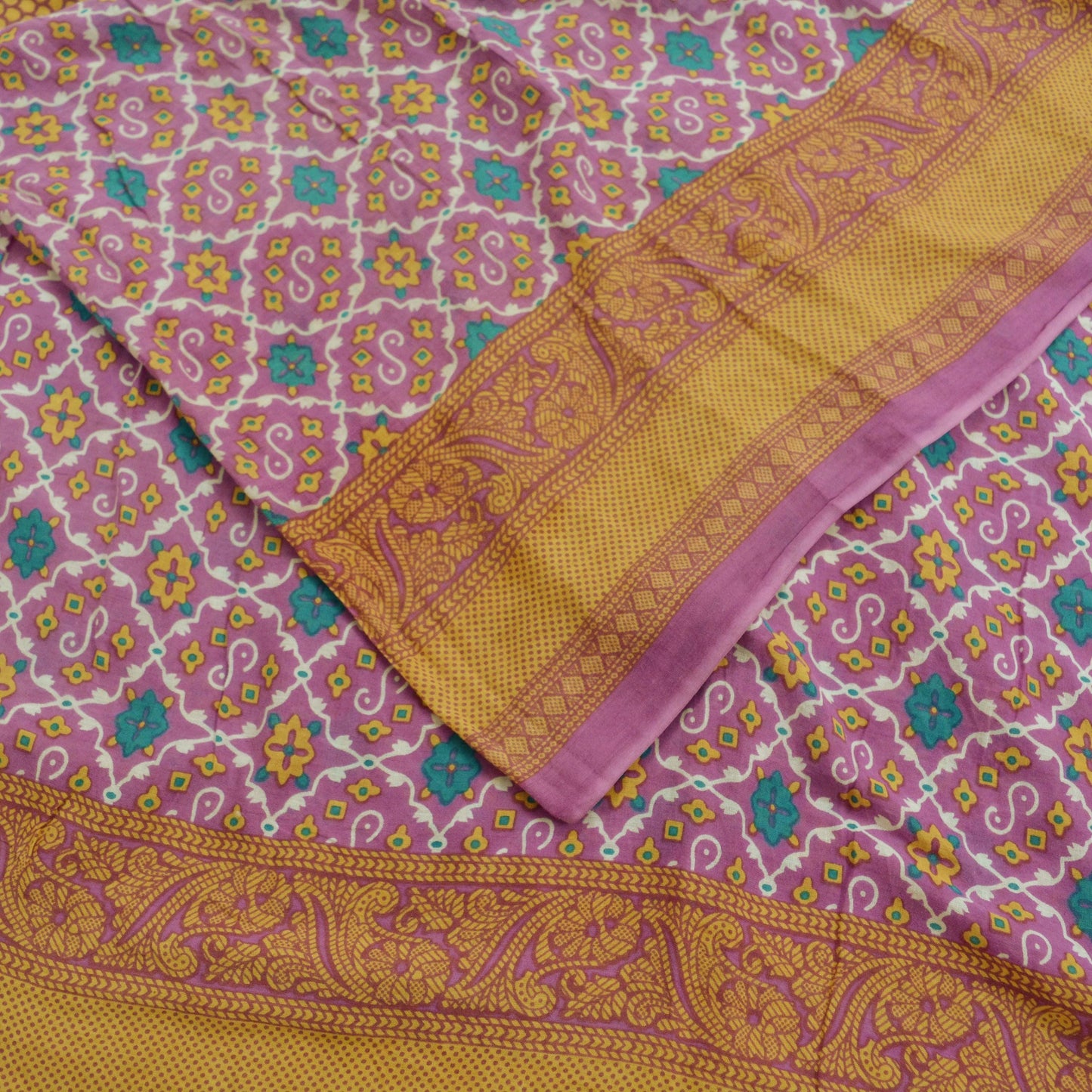 Indian Vintage Sari Beige & Purple Pure Cotton Printed Sarees Craft Fabric Soft 5Yd Sarong Wrap Boho Fabric Kimono Quilting Crafting Upcycle