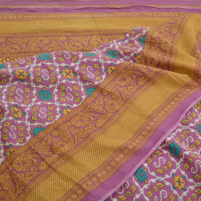 Indian Vintage Sari Beige & Purple Pure Cotton Printed Sarees Craft Fabric Soft 5Yd Sarong Wrap Boho Fabric Kimono Quilting Crafting Upcycle