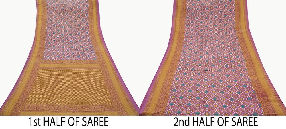 Indian Vintage Sari Beige & Purple Pure Cotton Printed Sarees Craft Fabric Soft 5Yd Sarong Wrap Boho Fabric Kimono Quilting Crafting Upcycle