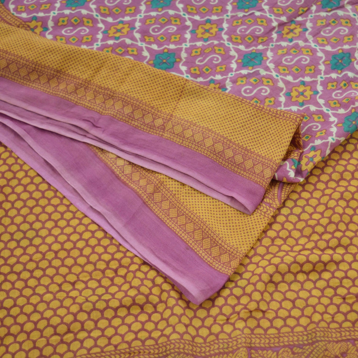 Indian Vintage Sari Beige & Purple Pure Cotton Printed Sarees Craft Fabric Soft 5Yd Sarong Wrap Boho Fabric Kimono Quilting Crafting Upcycle