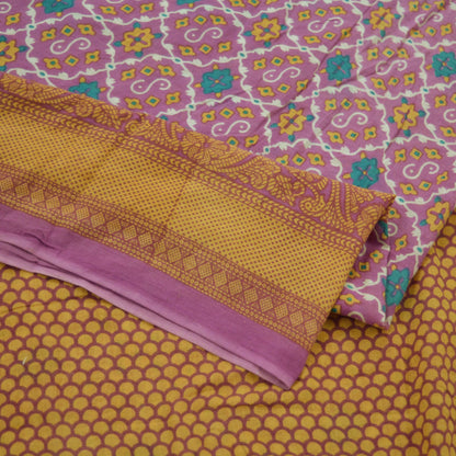 Indian Vintage Sari Beige & Purple Pure Cotton Printed Sarees Craft Fabric Soft 5Yd Sarong Wrap Boho Fabric Kimono Quilting Crafting Upcycle