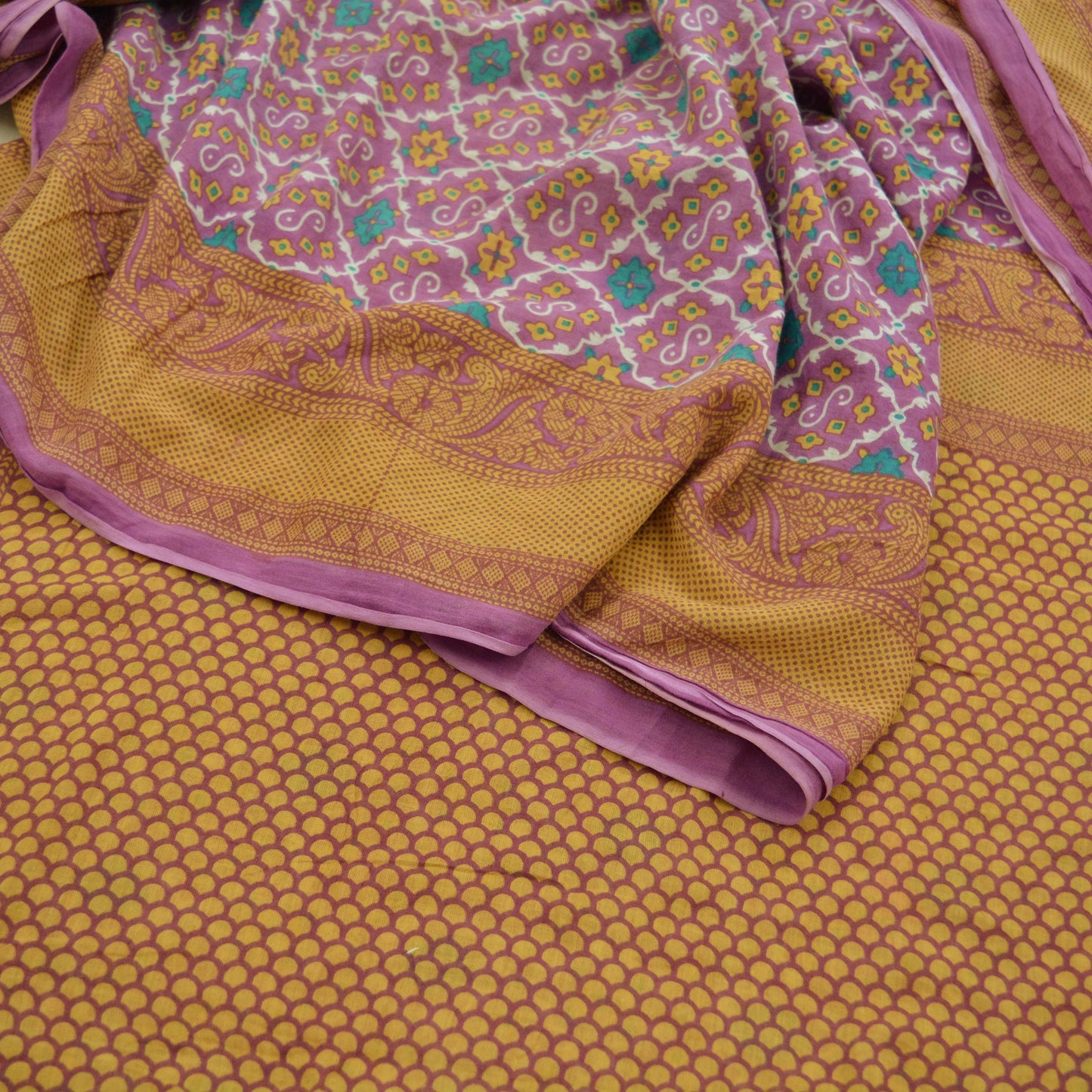 Indian Vintage Sari Beige & Purple Pure Cotton Printed Sarees Craft Fabric Soft 5Yd Sarong Wrap Boho Fabric Kimono Quilting Crafting Upcycle