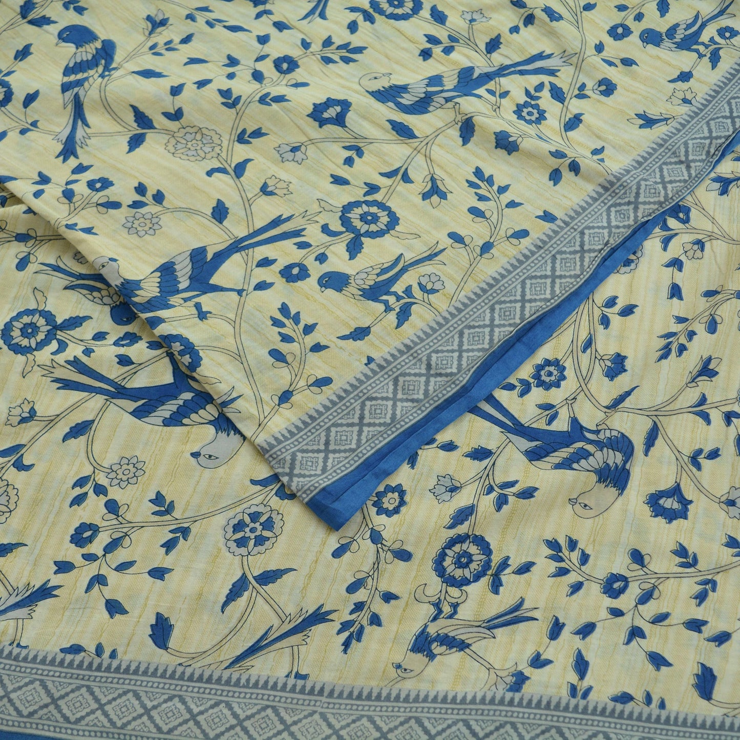 Indian Vintage Sari Blue  & Ivory Printed Pure Cotton Sarees Craft Fabric 5Yd Soft Sewing Sarong Wrap Boho Floral Quilting Crafting Upcycle