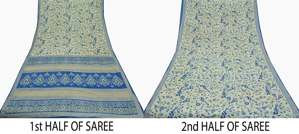 Indian Vintage Sari Blue  & Ivory Printed Pure Cotton Sarees Craft Fabric 5Yd Soft Sewing Sarong Wrap Boho Floral Quilting Crafting Upcycle