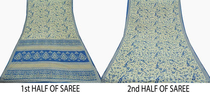 Indian Vintage Sari Blue  & Ivory Printed Pure Cotton Sarees Craft Fabric 5Yd Soft Sewing Sarong Wrap Boho Floral Quilting Crafting Upcycle