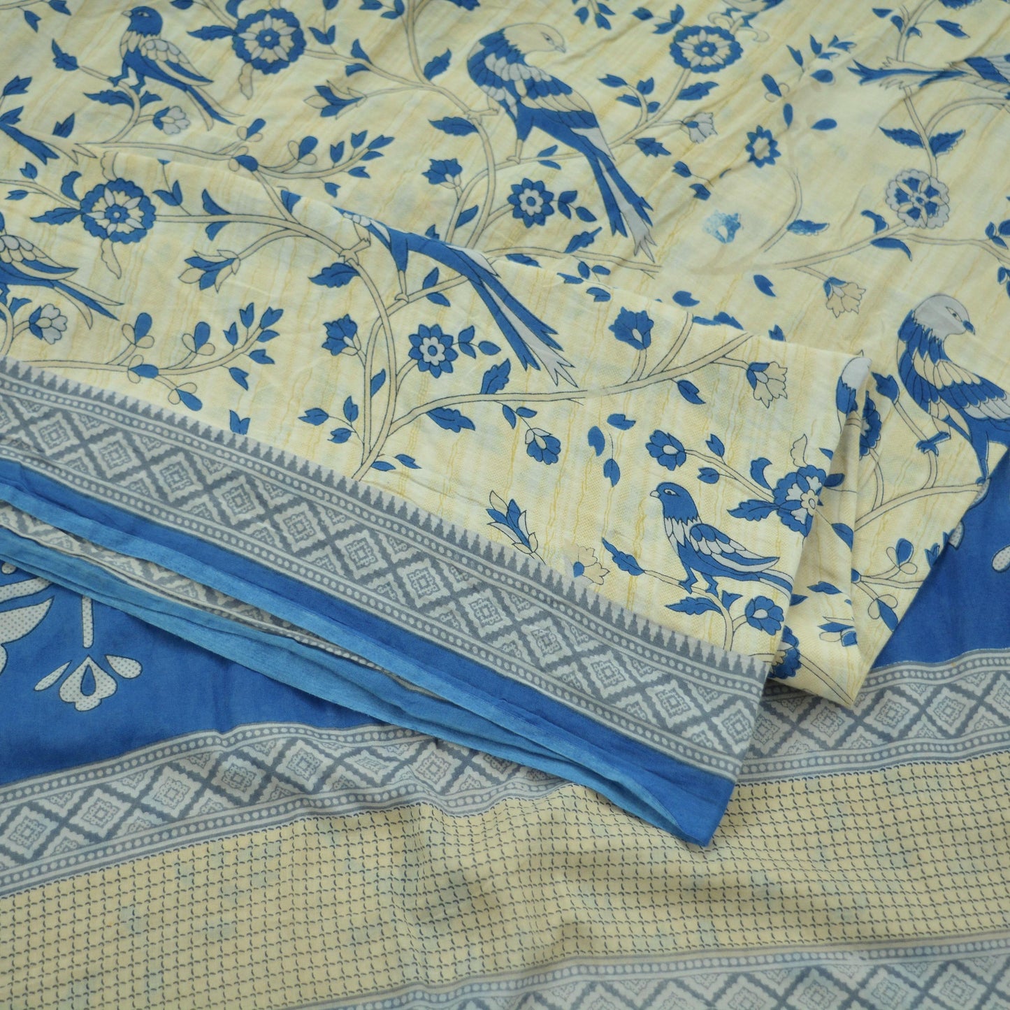 Indian Vintage Sari Blue  & Ivory Printed Pure Cotton Sarees Craft Fabric 5Yd Soft Sewing Sarong Wrap Boho Floral Quilting Crafting Upcycle