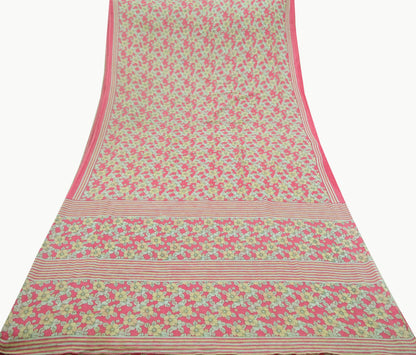 Indian Vintage Sari Ivory & Pink Printed Pure Cotton Saree Craft Fabric 5Yd Soft Sewing Sarong Wrap Boho Floral Dress making Crafting